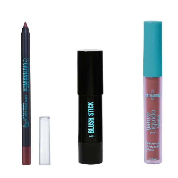 Catharine Hill Kit: Ruby Blush Stick + Skin Lip Pencil + Mascavo Liquid Lipstick